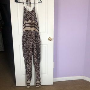 Burgundy/Cream Print Halter Top Jumpsuit